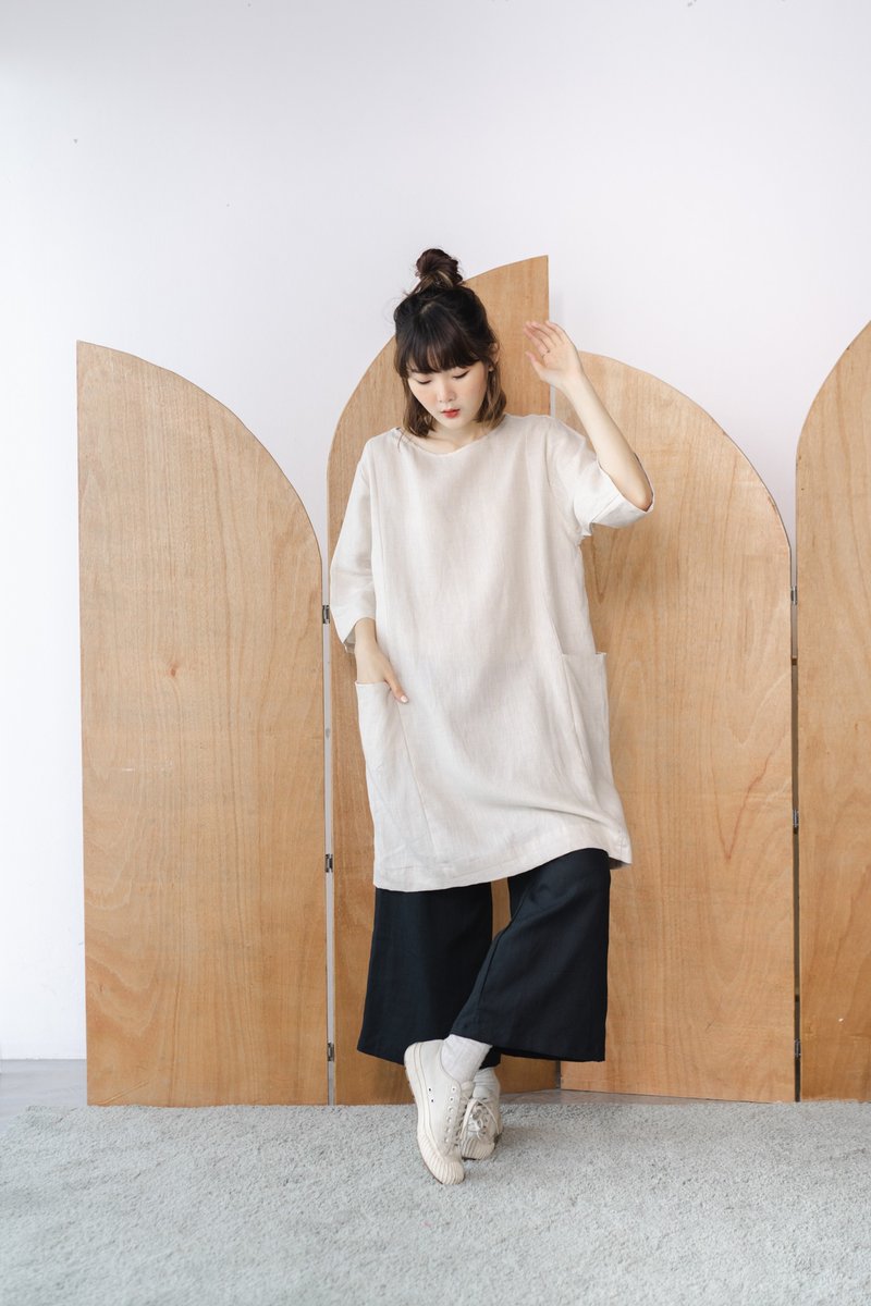 Oversize Linen 3/4 Sleeve Dress And Tunic - Natural - 洋裝/連身裙 - 亞麻 卡其色