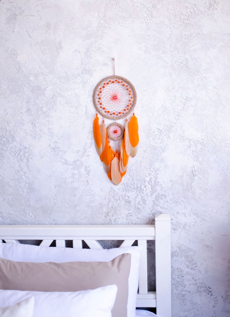 Natural orange dreamcatcher | Large beige dream catcher boho | ตาข่ายดักฝันสีส้ม - 壁貼/牆壁裝飾 - 繡線 橘色