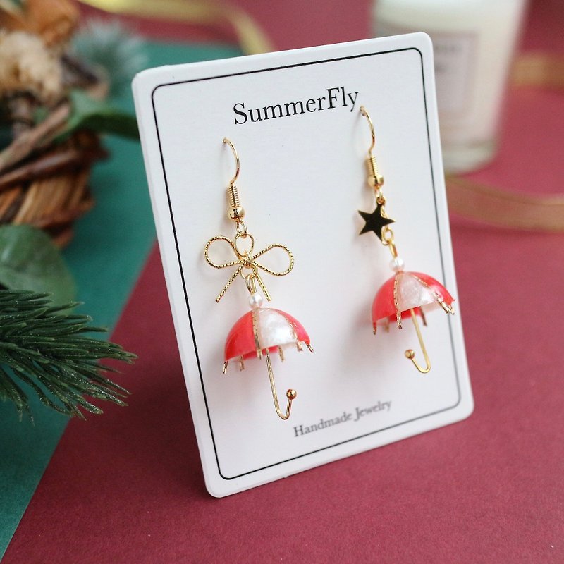 Christmas limited edition - red white umbrella dangle earrings 18k bag gold bow stars New Year's greetings - ต่างหู - เรซิน สีแดง