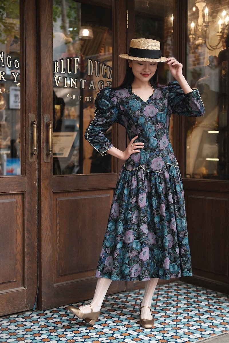 vintage dress large puff sleeves printed low waist dress vintage dress - ชุดเดรส - ผ้าฝ้าย/ผ้าลินิน 