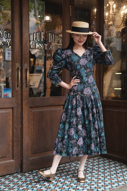 BlueDuckVintage vintage dress大泡泡袖印花低腰線連衣裙古著洋裝