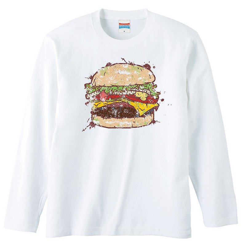 Long sleeve T shirt / Damage Burger - เสื้อยืดผู้ชาย - ผ้าฝ้าย/ผ้าลินิน ขาว