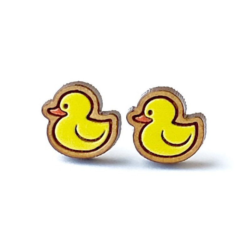 Painted wood earrings-Rubber duck - Earrings & Clip-ons - Wood Yellow