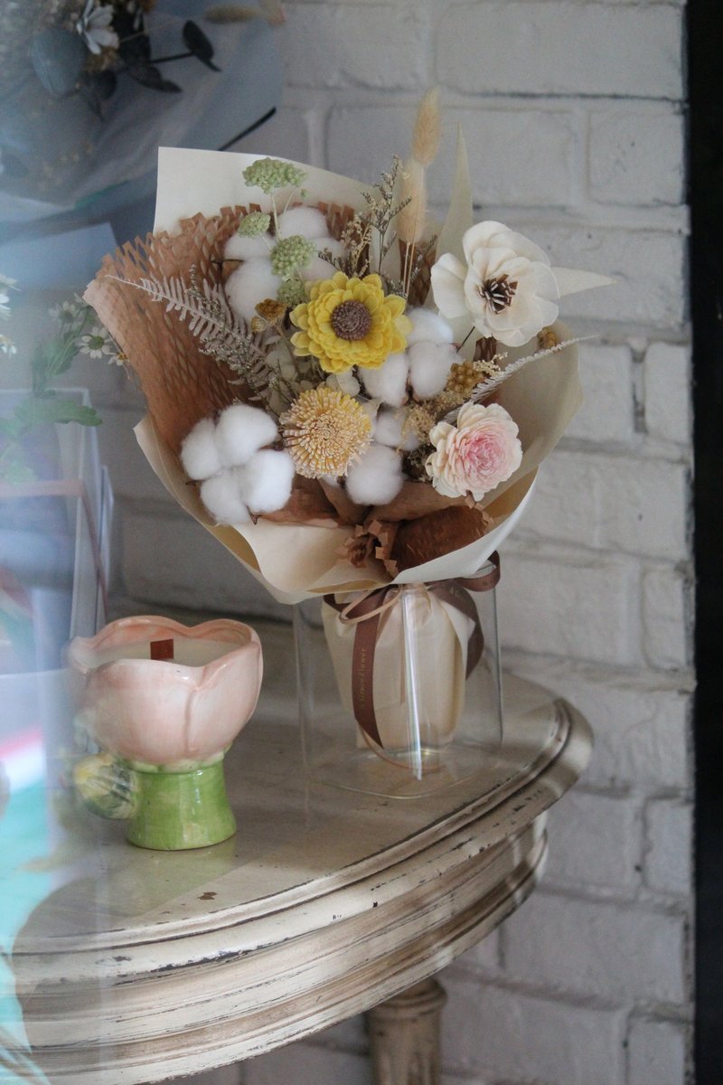 [Beige Cotton Sola Bouquet] Birthday Gift/Congratulation Flower Gift/Everlasting Flower - ช่อดอกไม้แห้ง - พืช/ดอกไม้ สีส้ม