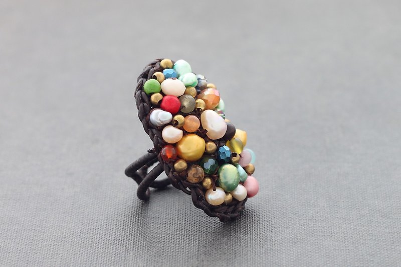 Cocktail Rings Pearl Rainbow Mix Stone Woven Crochet Macrame Knitting - General Rings - Stone Multicolor