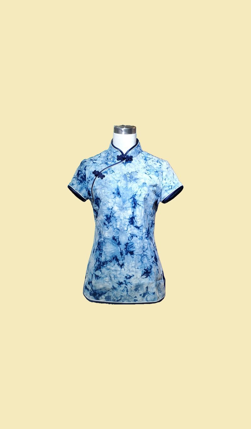 VINTAGE 悅裳 港式 復古旗袍 春裝 華服 連身裙 扎染旗袍款上衣 - 女上衣/長袖上衣 - 棉．麻 藍色