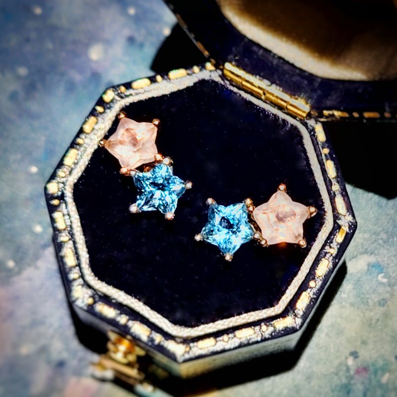 Twins Stars Swiss Blue Topaz Rose Quartz 18KGold Plated 925 Silver Earrings - ต่างหู - เครื่องประดับพลอย สึชมพู