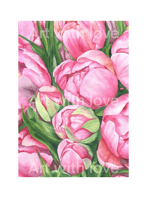 Art with Love watercolor painting of a lot pink peonies rose Art girl Wall