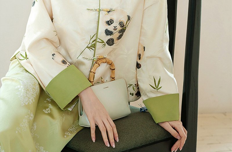 新中式復古中國風 繡花圓領撞色茶服 上衣/半裙 - 女上衣/長袖上衣 - 其他材質 綠色