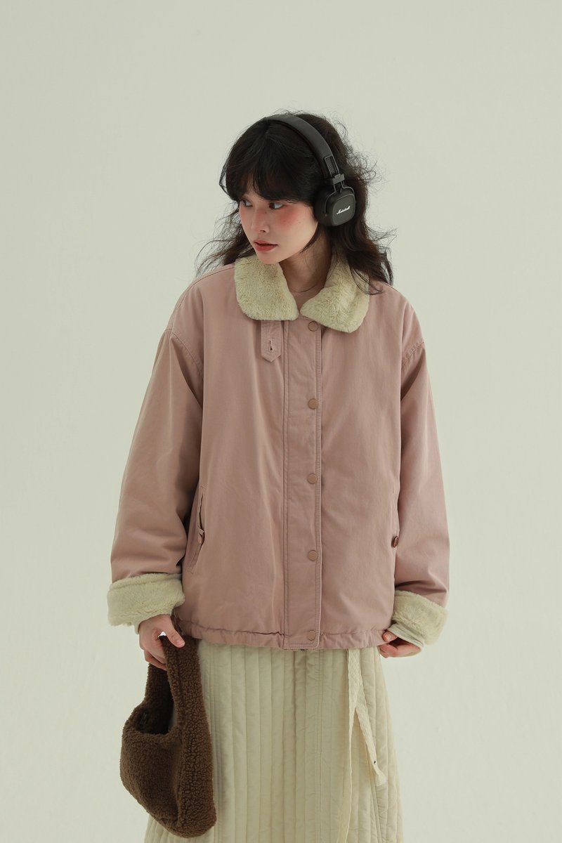 2色展開 冬のやわらか雲ボア 柔らかな総ボアカジュアルジャケット 日本風暖かショートアウター - ジャケット - コットン・麻 ピンク