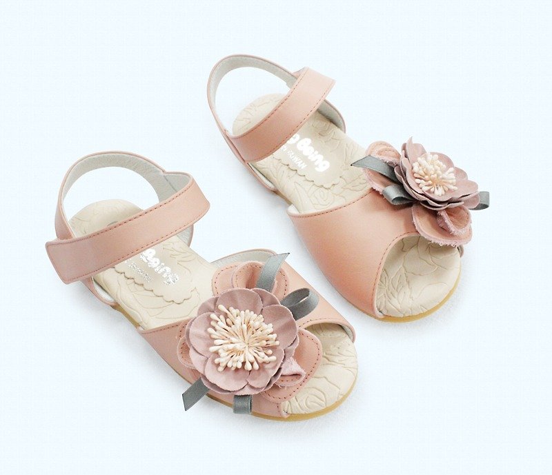 Three-dimensional flower leather girl sandals - rose powder - รองเท้าเด็ก - หนังแท้ สึชมพู