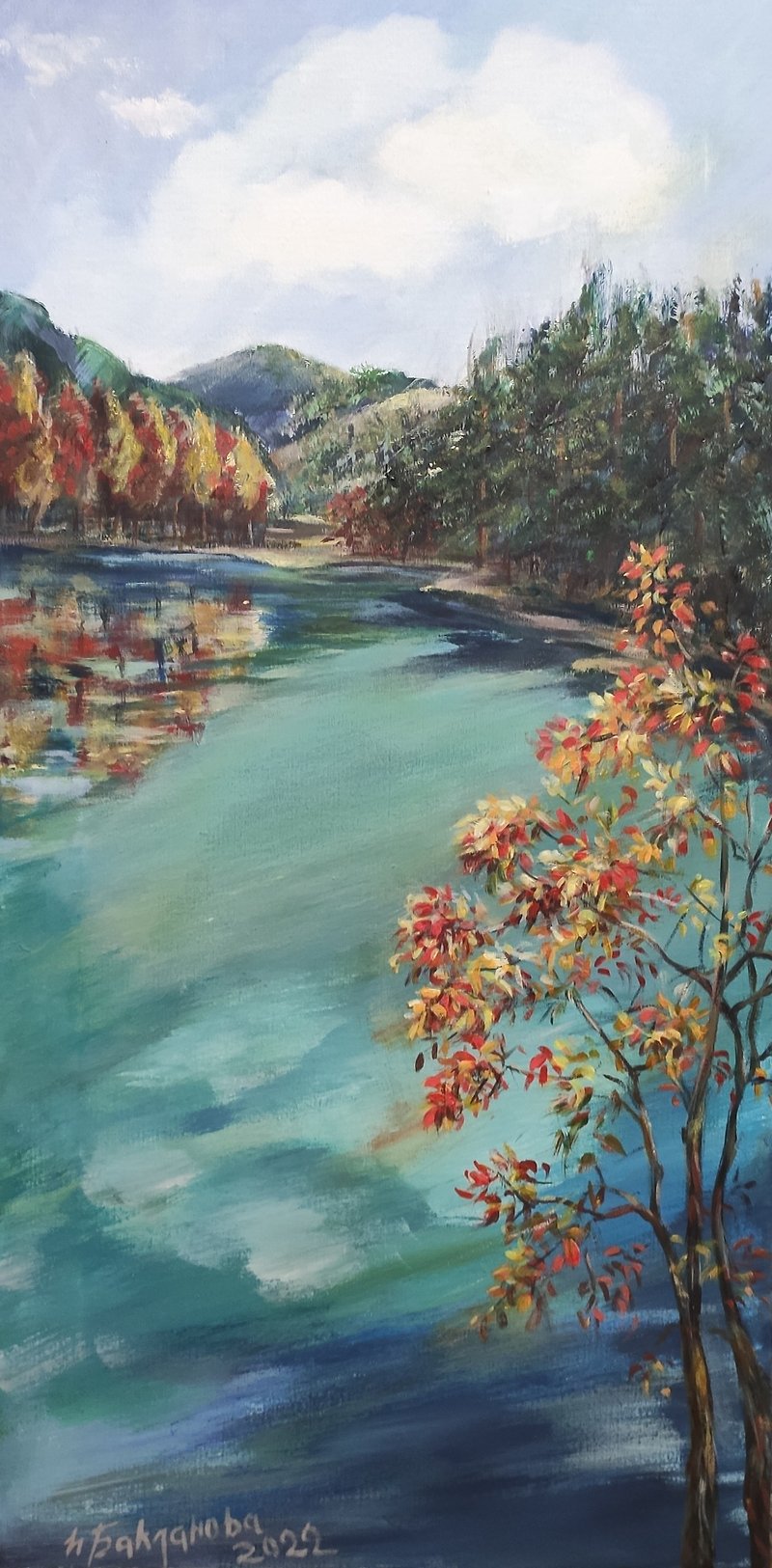 秋天的山水風景原畫。 充滿活力的秋葉景觀藝術。 - 牆貼/牆身裝飾 - 其他材質 藍色