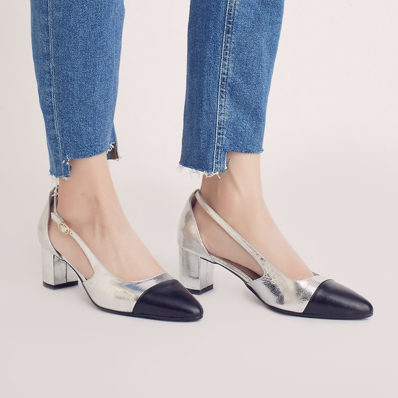 Elegant and slightly pointed toe! Tiramisu two-tone mid-heel shoes black × Silver full leather MIT popping candy - รองเท้าส้นสูง - หนังแท้ สีเงิน