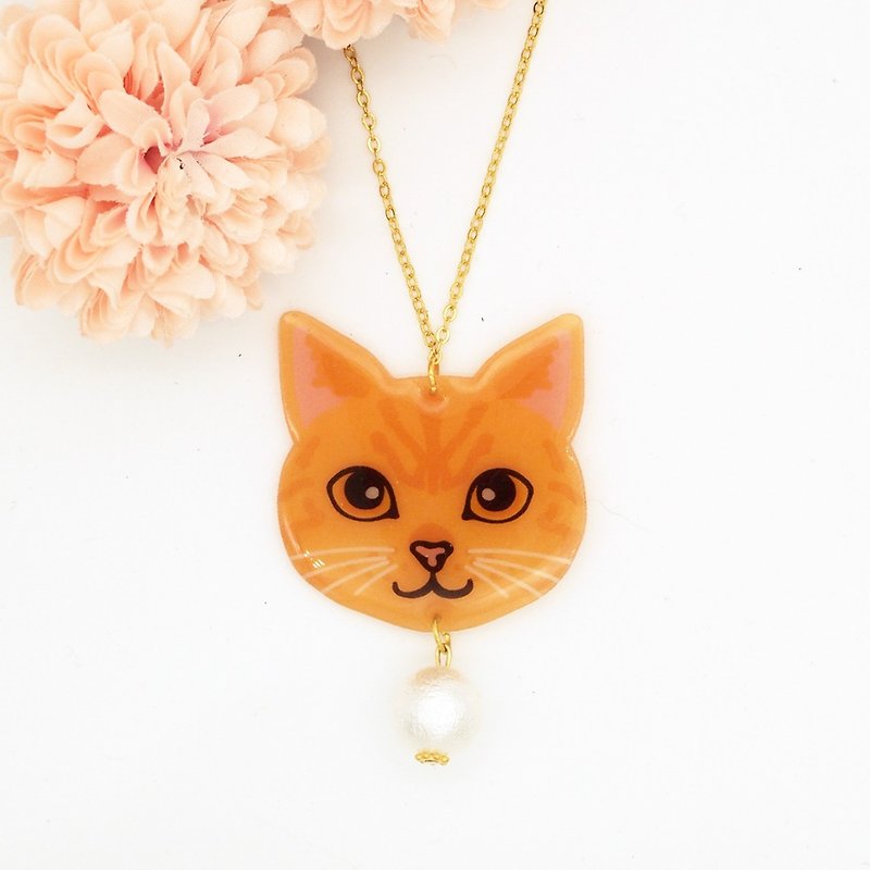 Meow handmade cat and cotton pearl necklace - yellow cat - Necklaces - Acrylic Brown