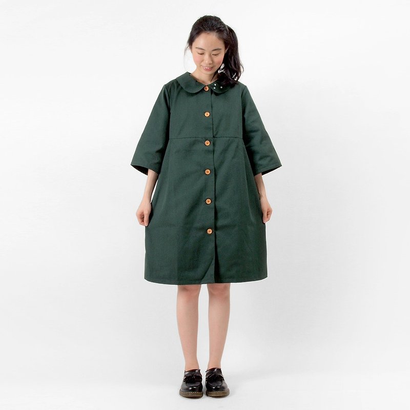 Comma dot punctuation small round neck dress / windbreaker jacket - retro dark green - เสื้อผู้หญิง - ผ้าฝ้าย/ผ้าลินิน สีเขียว