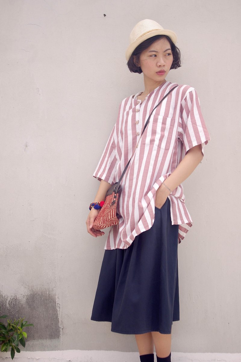 4.5studio- vintage treasure hunt - wash the old sense of red and white striped cotton shirt Long - Women's Tops - Cotton & Hemp Red