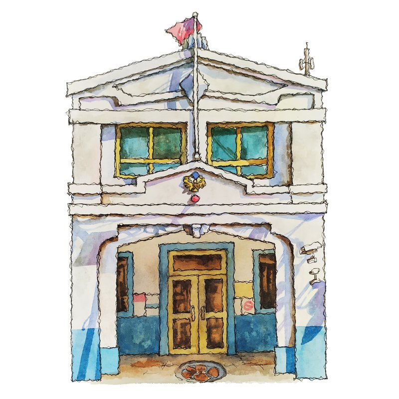 台灣街屋-鹿港老街-警察局-藝術微噴懷舊海報 - 擺飾/家飾品 - 紙 藍色