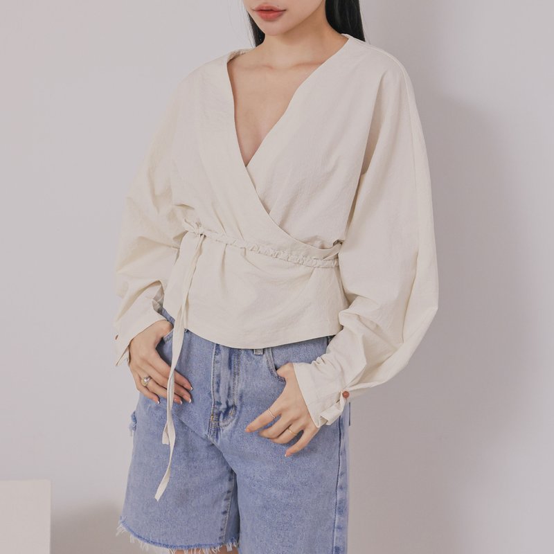 前後V狀垂墜長袖上衣-附綁帶-杏色 - 女裝上衣 - 棉．麻 白色