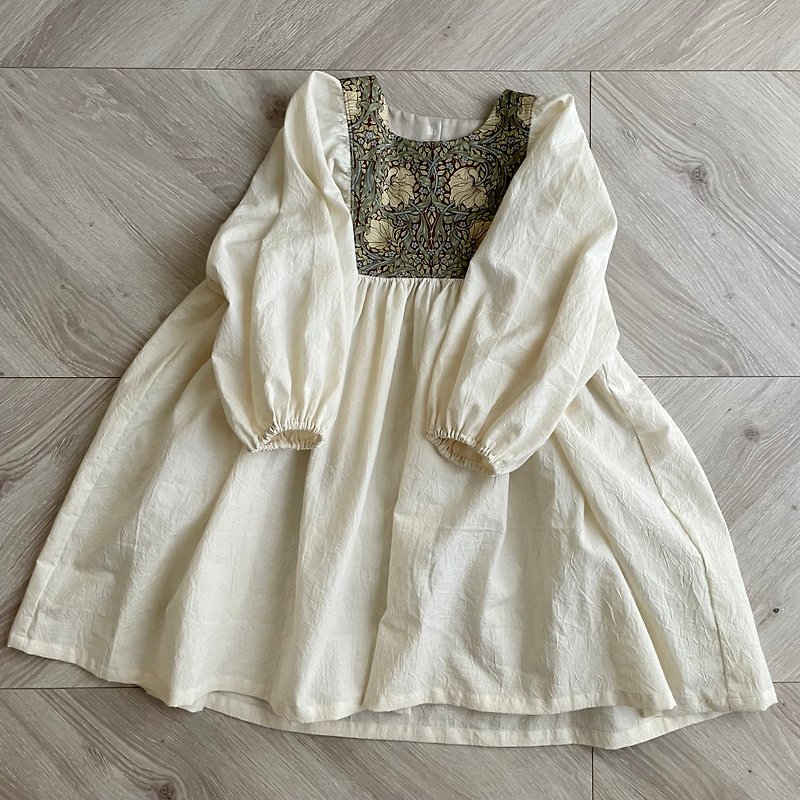 puffed sleeves dress William Morris Pimpernel brown - กระโปรง - ผ้าฝ้าย/ผ้าลินิน สีนำ้ตาล