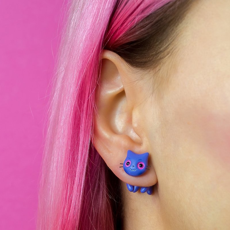 Evil Cat Earrings - Scary Cat Earrings Polymer Clay - ต่างหู - ดินเหนียว สีม่วง