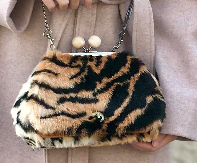 Fuzzy Plush Faux Fur Tiger Print Crossbody Shoulder Metal Frame