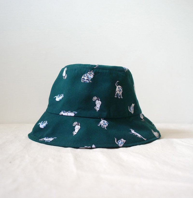 Japanese fabric forest green cat hand fisherman hat - หมวก - ผ้าฝ้าย/ผ้าลินิน สีเขียว