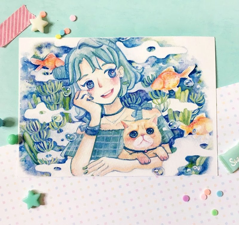 Girl and cat postcard - การ์ด/โปสการ์ด - กระดาษ สีเขียว