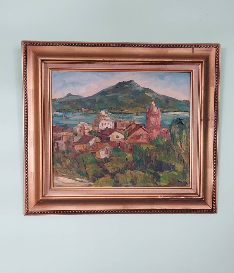 European town wooden frame old oil painting 63 55 (painting center 45 37cm) - Posters - Other Materials 