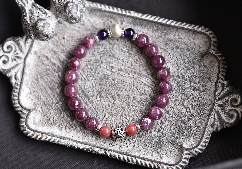 閃耀鋰雲母+玫瑰石+紫水晶純銀手鍊 - 手鍊/手鐲 - 水晶 紫色