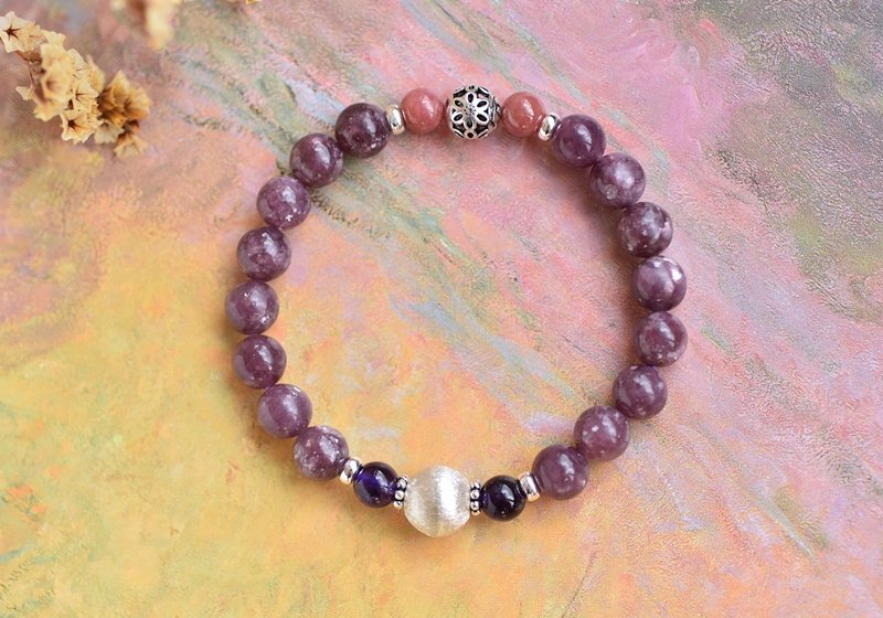 閃耀鋰雲母+玫瑰石+紫水晶純銀水晶手鍊 - 手鍊/手環 - 水晶 紫色