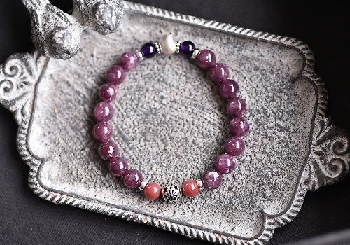 CaWaiiDaisy Handmade Jewelry 閃耀鋰雲母+玫瑰石+紫水晶純銀手鍊
