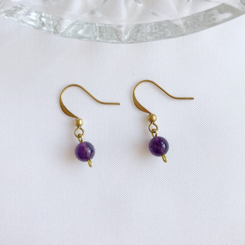 古典串珠。天然紫水晶 黃銅耳環 手作 垂墜耳環 耳夾 招財 貴人運 - 耳環/耳夾/耳骨夾 - 水晶 紫色