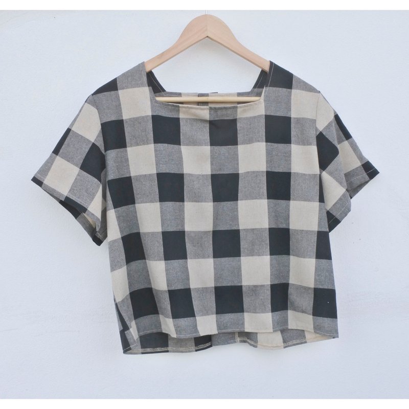 Cotton | Square neck short sleeve shirt, checkered pattern - Women's Tops - Cotton & Hemp Multicolor