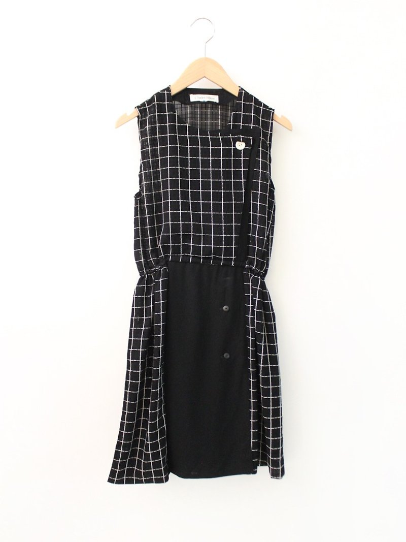 Vintage Black Plaid Sleeveless Vintage Dress Vintage Dress - ชุดเดรส - เส้นใยสังเคราะห์ สีดำ