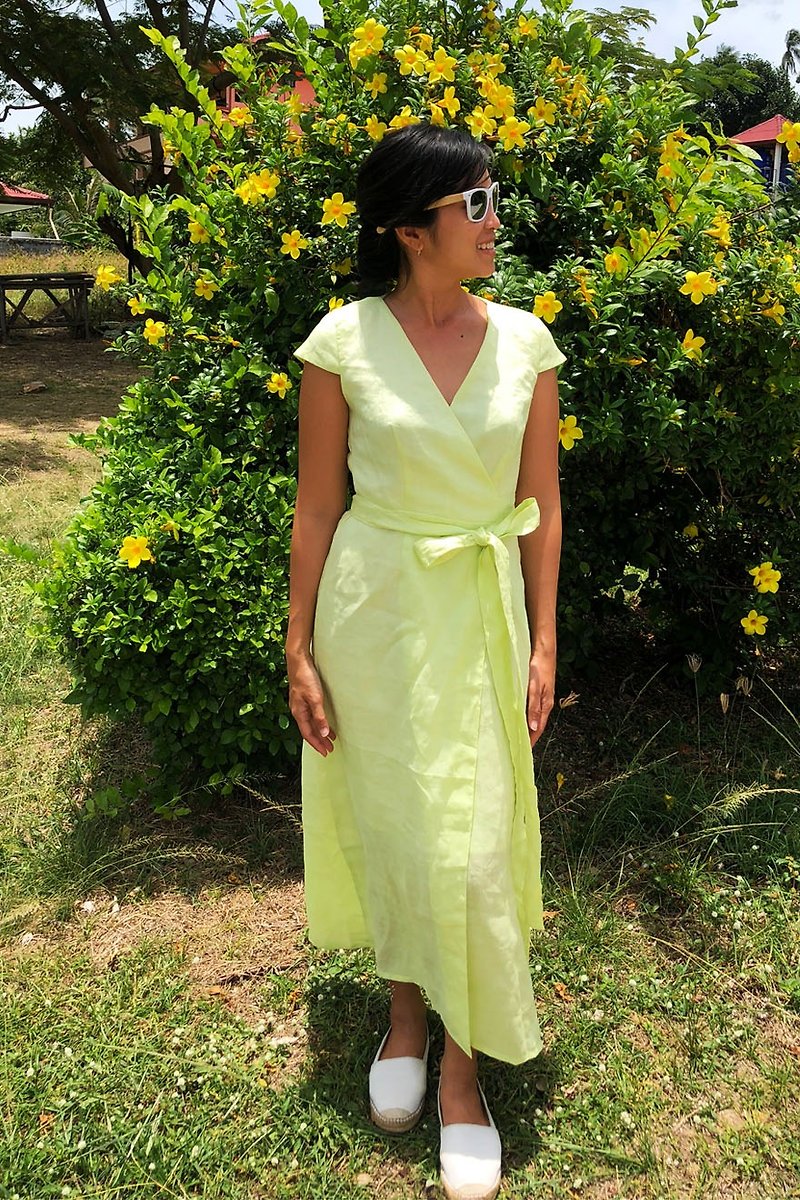 Off-Season Sales - Isabella Lemon Lime linen wrap Dress | Maxi dress - ชุดเดรส - ลินิน สีเหลือง