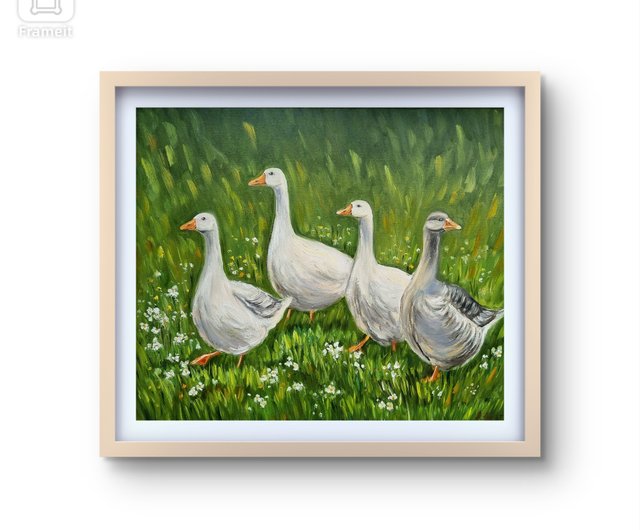 アヒルの油絵オリジナルアートガチョウアートワーク鳥の壁アート