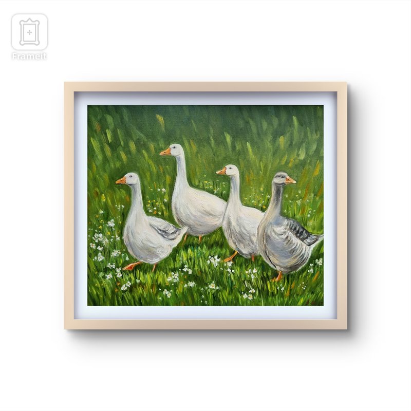 Duck oil painting Original art goose artwork bird wall art - 壁貼/牆壁裝飾 - 棉．麻 綠色