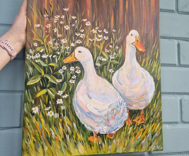 アヒルの油絵 オリジナルアート ガチョウのアートワーク鳥の壁