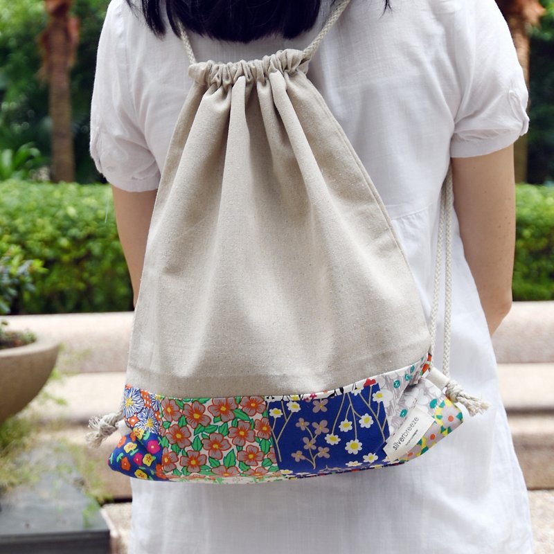 Silverbreeze~ Bundle Back Backpack ~ Flower (B77) (off the box) - Drawstring Bags - Cotton & Hemp Khaki