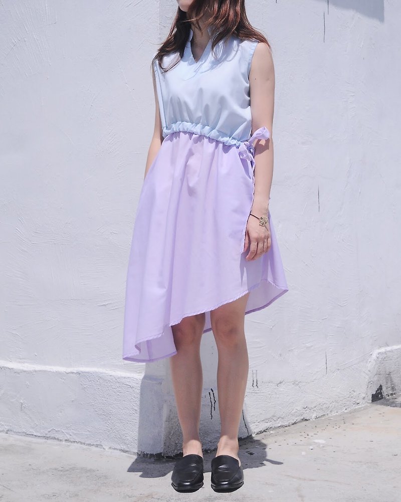 TAKE-Two tone V neck oblique cut sleeveless dress - One Piece Dresses - Cotton & Hemp Purple