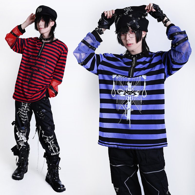 Y2K Punk Visual Kei Rock cross Charm unisex Striped 1/4 zip sleevelet Tee JJ2508 - เสื้อยืดผู้ชาย - ผ้าฝ้าย/ผ้าลินิน 