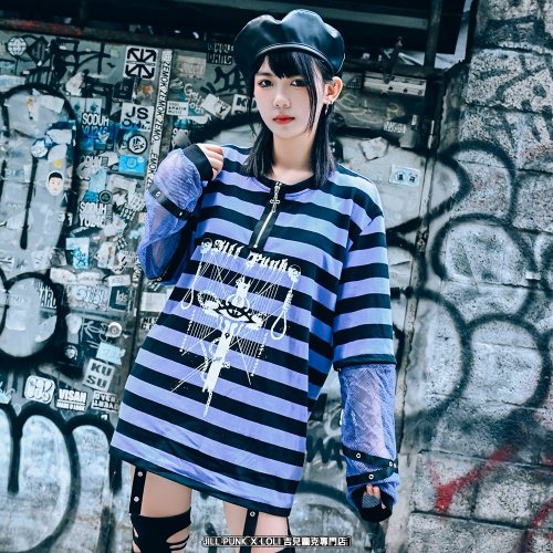 Y2K Punk Visual Kei Rock cross Charm unisex Striped 1/4 zip