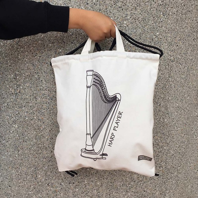 WD Musical Instrument Cotton Backpack-Harp in stock + pre-order - กระเป๋าหูรูด - ผ้าฝ้าย/ผ้าลินิน ขาว