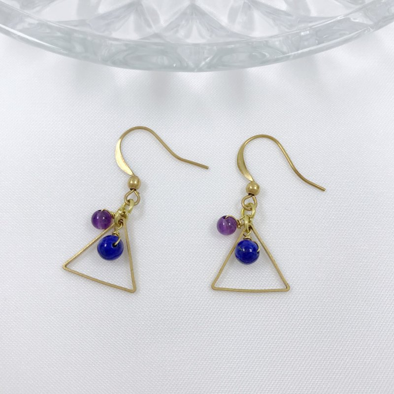 三角形。ナチュラルラピスラズリとパープルイエローイヤリングピアス/フックイヤリングキャリアバースデーギフト - ピアス・イヤリング - クリスタル 