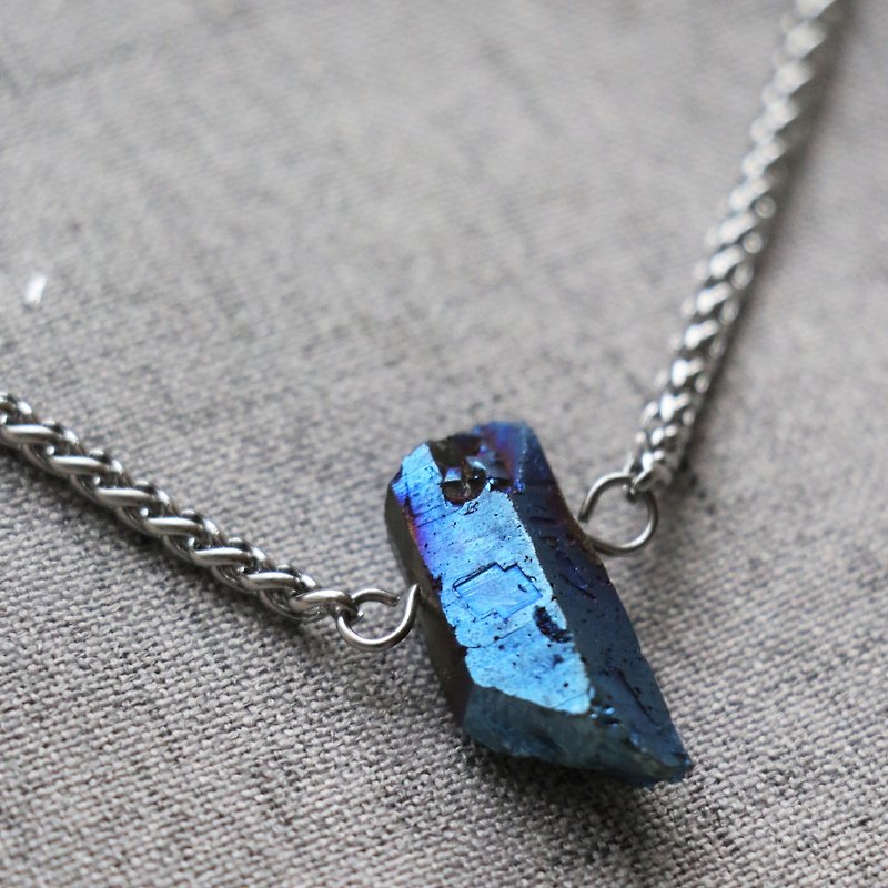 Titanium quartz necklace - crystal necklace - men stainless steel necklace - Necklaces - Gemstone Blue