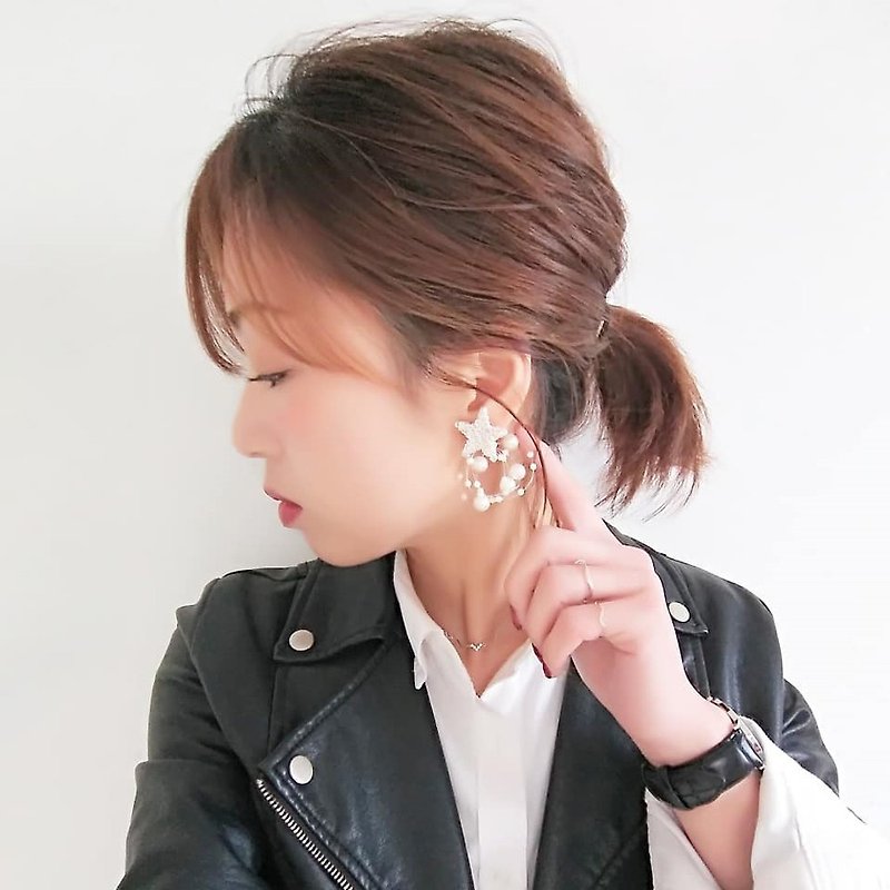 日本職人手工棉珍珠流星雨耳環(耳針) - 耳環/耳夾 - 珍珠 白色
