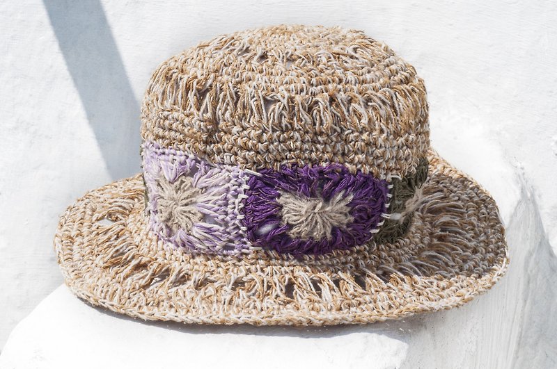 Crocheted cotton and linen hat hand-woven hat fisherman hat visor straw hat straw hat - purple flower weaving - Hats & Caps - Cotton & Hemp Multicolor