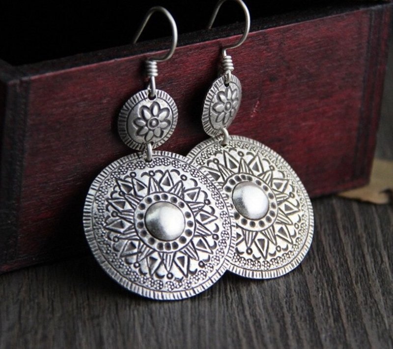 Real 925 Sterling Silver Women Vintage Ethnic Totem Patterns Earrings Carved - Earrings & Clip-ons - Sterling Silver Silver