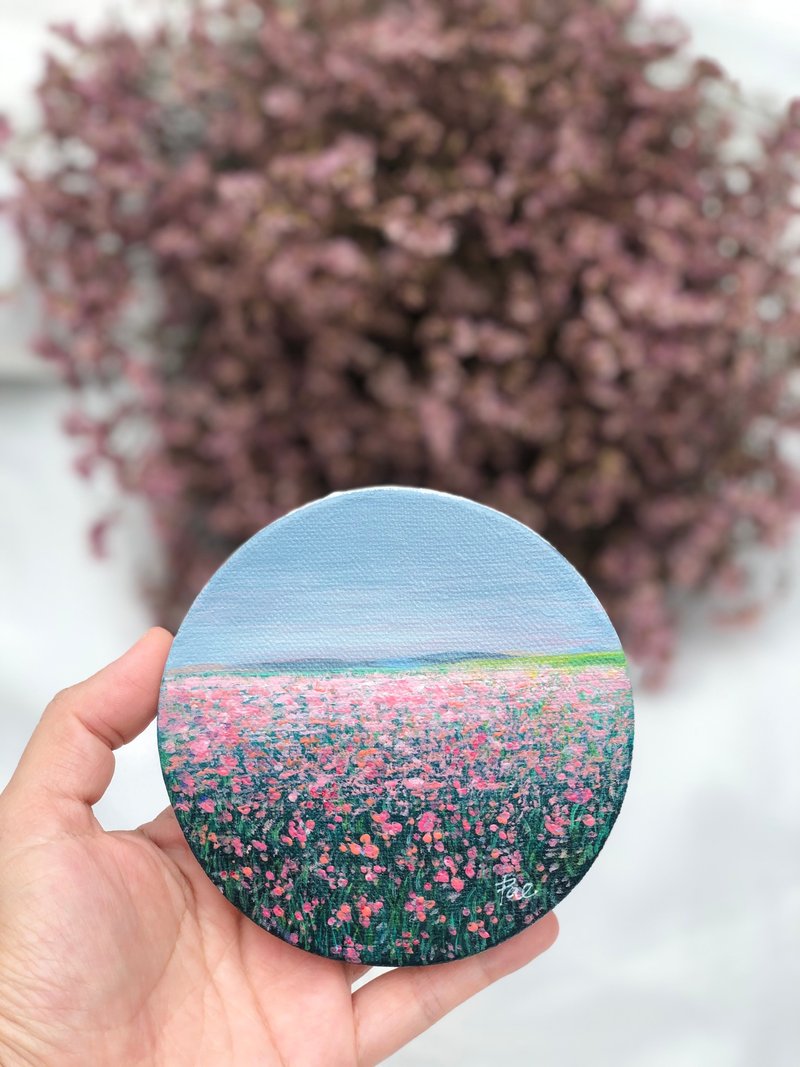 Minimal flower field acrylic painting. Mini round canvas size 10cm - Items for Display - Other Materials Pink