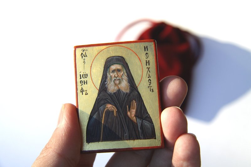 hand painted orthodox wood icon Saint Joseph Hesychast Mount Athos pocket size - 其他 - 木頭 黑色
